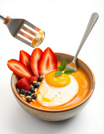 Fried egg with strawberries and blueberries in a bowl on a white background