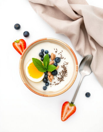 Yogurt with fresh berries on white background, top viewの写真素材