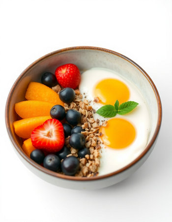 Healthy breakfast with muesli, fruits and yogurt isolated on white backgroundの写真素材