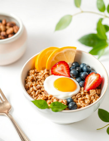 Healthy breakfast with muesli, berries and egg on white backgroundの写真素材