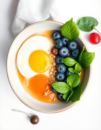 Healthy breakfast bowl with omelette, blueberries, tomatoes and basil on white background