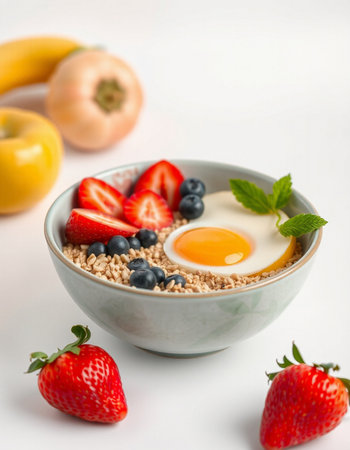 Healthy breakfast with oatmeal, berries and egg on white background