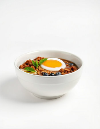 Bowl of oatmeal with blueberry and egg on white background