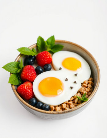 Breakfast with oatmeal, berries and fried eggs on white background