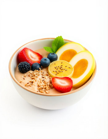 Healthy breakfast bowl with oatmeal, berries and fruits on white background