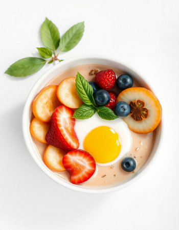 Breakfast bowl with omelette, fruits and berries on white background