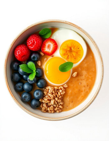 Healthy breakfast bowl with oatmeal, fresh berries and eggs on white background