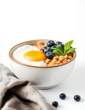 Healthy breakfast with oatmeal, blueberries and egg on white background