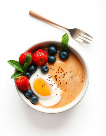 Bowl of yoghurt with fresh berries on white background