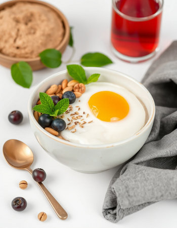 Healthy breakfast with yogurt, berries and egg on a white background