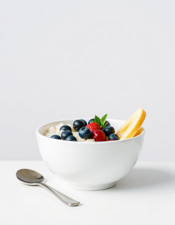 Healthy breakfast. Oatmeal with berries in a bowl on a white background.の写真素材
