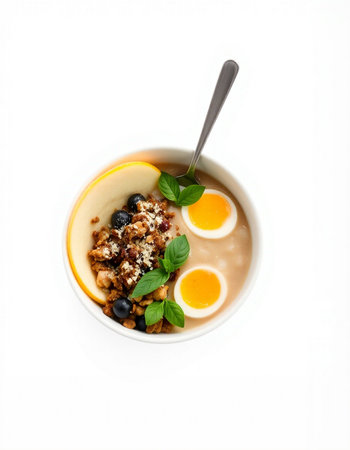 A bowl of porridge with blueberries, walnuts and yogurt isolated on white background