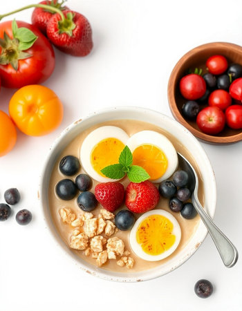 Oatmeal porridge with fresh berries and egg in bowl on white backgroundの写真素材