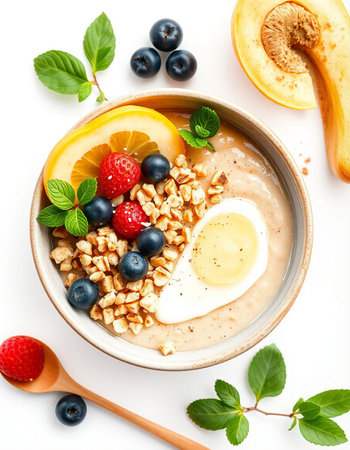 Oatmeal porridge with fresh berries and egg in bowl on white background