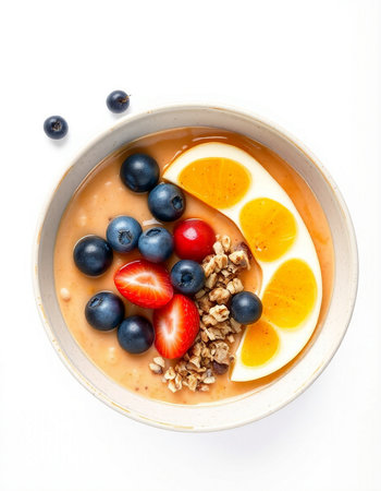 Healthy breakfast bowl of oatmeal with berries and egg isolated on white backgroundの写真素材