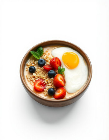 Bowl of oatmeal with berries and egg isolated on white backgroundの写真素材