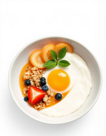 Breakfast with berries and fried egg on white backgroundの写真素材