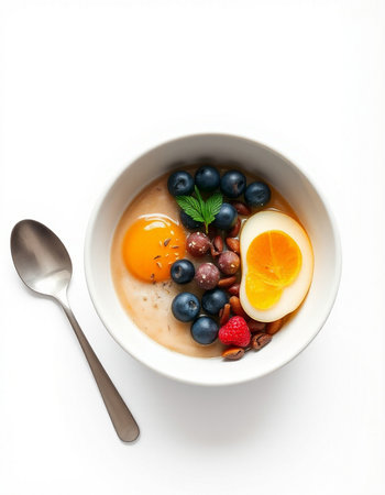 Oatmeal porridge with berries and eggs isolated on white background. Healthy breakfast.