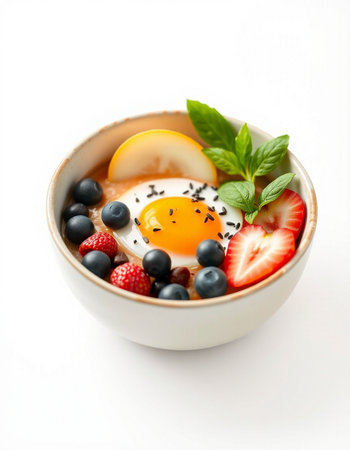 Breakfast with berries and egg on white backgroundの写真素材