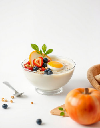 Healthy breakfast with oatmeal, berries and fruits on white backgroundの写真素材