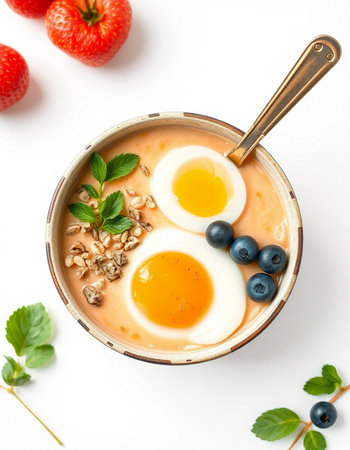 Healthy breakfast bowl with oatmeal, yogurt and berries on white background
