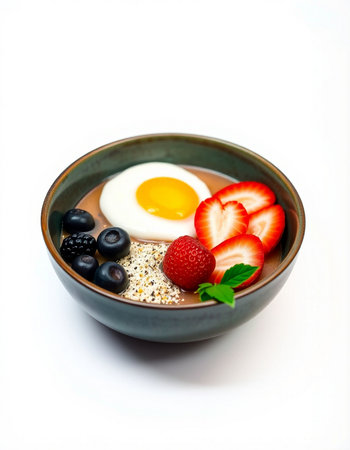 Healthy breakfast with oatmeal, berries and egg, isolated on whiteの写真素材