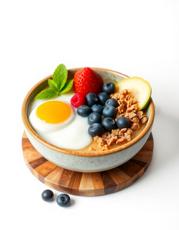 Healthy breakfast. Oat granola with berries and egg in bowl on white backgroundの写真素材