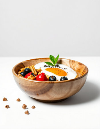Healthy breakfast with yogurt and berries in wooden bowl on white backgroundの写真素材