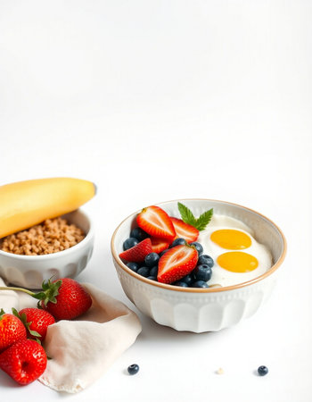 Healthy breakfast with oatmeal, berries and fruits on white backgroundの写真素材