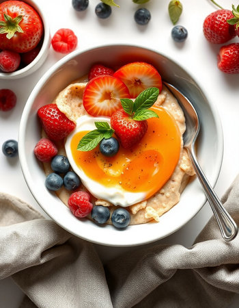 Healthy breakfast with oatmeal, berries and egg on white backgroundの写真素材