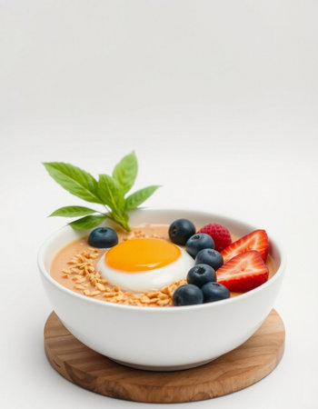 bowl of oatmeal with fresh berries and egg on white backgroundの写真素材