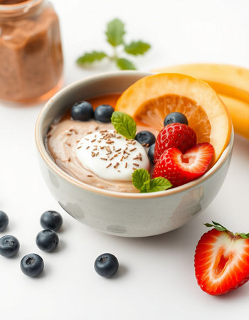 Chocolate mousse with fresh berries on white background, closeupの写真素材