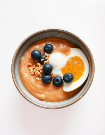 Oatmeal with blueberries and egg in a bowl on white backgroundの写真素材