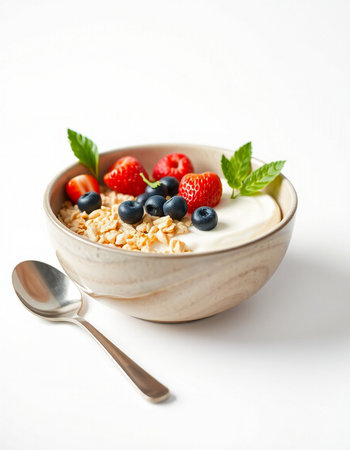 bowl of muesli with fresh berries and mint on white backgroundの写真素材
