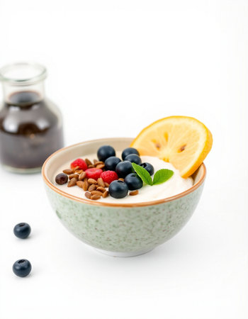 yogurt with fresh berries and mint in a bowl on white backgroundの写真素材
