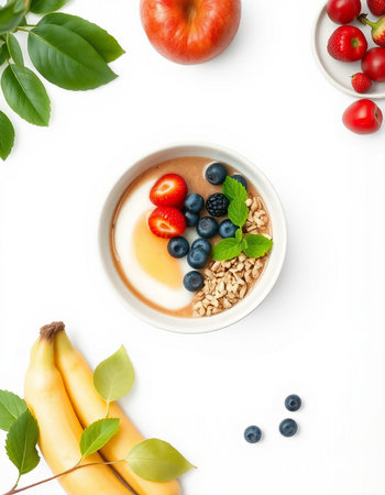 Healthy breakfast bowl with oatmeal, berries and fruits on white backgroundの写真素材