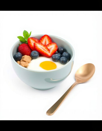 Yogurt with strawberries, blueberries and granola on white backgroundの写真素材