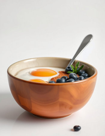 Yogurt with blueberries and egg in a bowlの写真素材