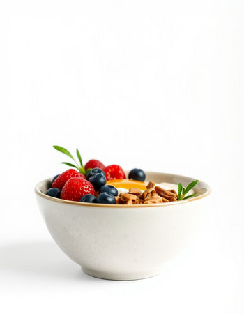 Healthy breakfast. Bowl of muesli with berries isolated on white background