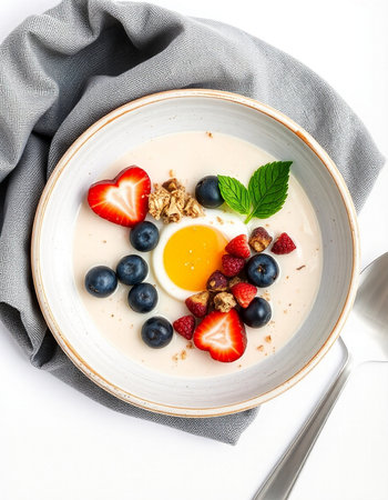 yogurt with strawberries and blueberries in a bowl on a white background