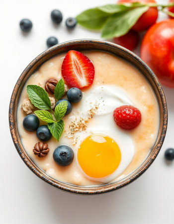 Healthy breakfast bowl with oatmeal, fresh berries and egg yolkの写真素材