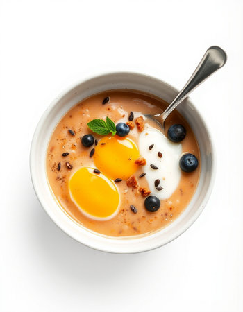 Bowl of omelet with blueberries and eggs on white background