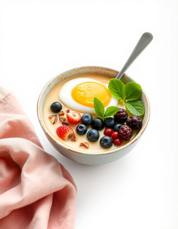 Healthy breakfast with oatmeal, berries and fried egg on white backgroundの写真素材