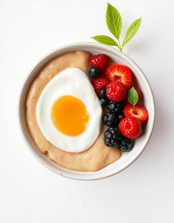 Bowl of oatmeal porridge with berries and egg on white backgroundの写真素材