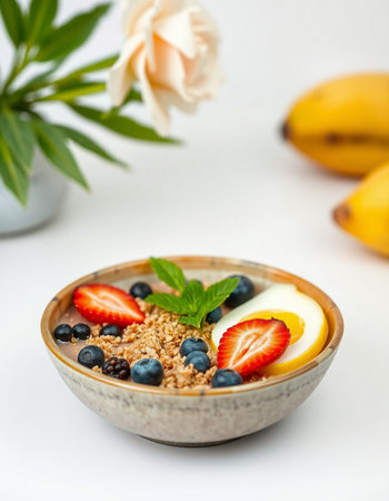 Healthy breakfast bowl with oatmeal, berries and yogurt on white backgroundの写真素材