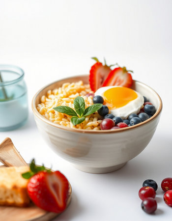 Bowl of oatmeal with berries and fried egg on white backgroundの写真素材