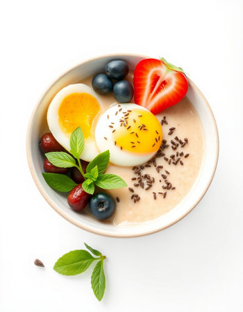 Oatmeal porridge with berries and egg, isolated on white background