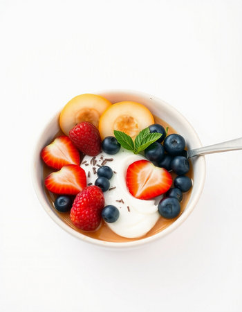 yogurt with fresh fruits and berries in a bowl on white backgroundの写真素材