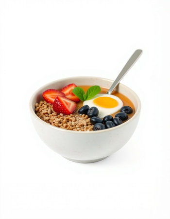 Healthy breakfast with muesli and fresh berries isolated on white background