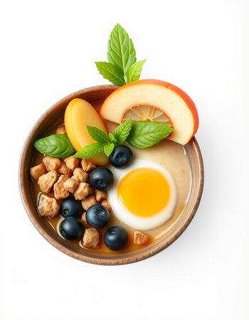 Healthy breakfast with oatmeal, berries and egg on white backgroundの写真素材